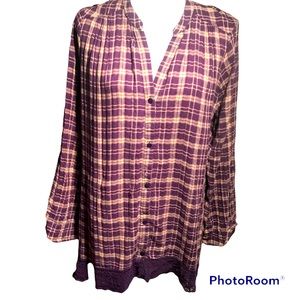 Flannel Bobeau Sz M Button Front Purple Tan Plaid 3/4 Long Sleeve Crochet Hem